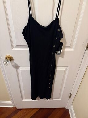 French Connection Black Spaghetti-Strap Midi Dress with Side Buttons